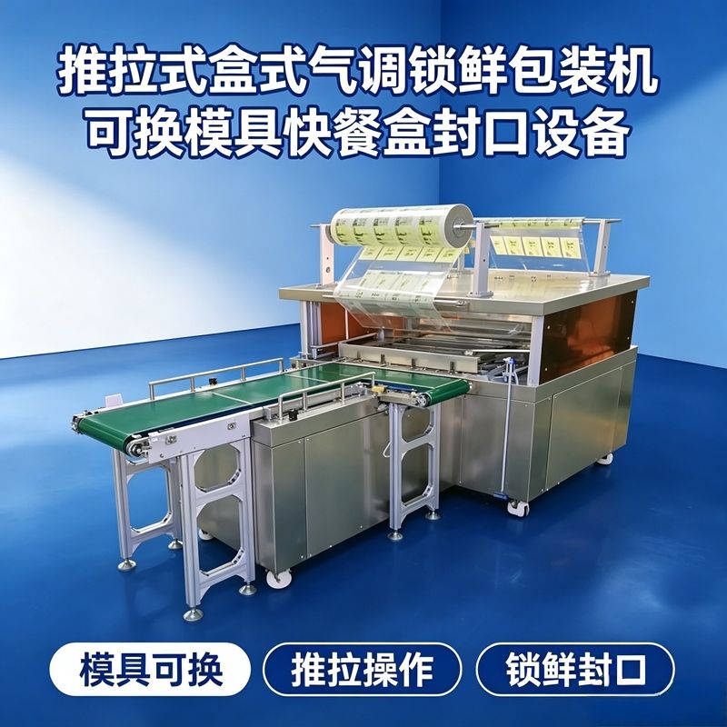 盒式气调锁鲜包装机推拉式快餐盒封口机生鲜食品贴体包装流水线设备图片