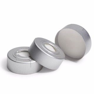 瓶盖/隔垫,钳口,顶空,20 mm,银色铝质安全盖,蓝色PTFE/白色硅橡胶隔垫,经认证,100/包图片