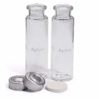 Vial kit, crimp top, headspace, clear, 20 mL, silver aluminum caps with safety feature, certified, flat bottom, molded PTFE/silicone septa, 100/pk图片