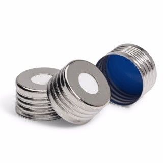 Caps/septa, screw, headspace, steel magnetic cap, PTFE/silicone septa (top white, bottom blue), 18 mm, 100/pk图片